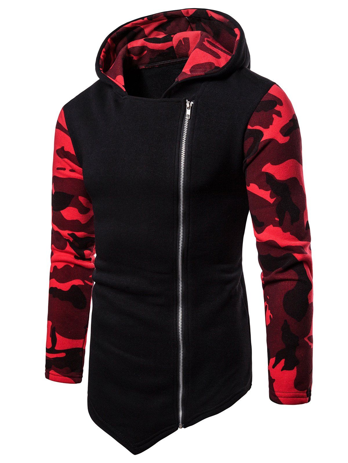 

Asymmetric Zip Up Camo Panel Hoodie, Red