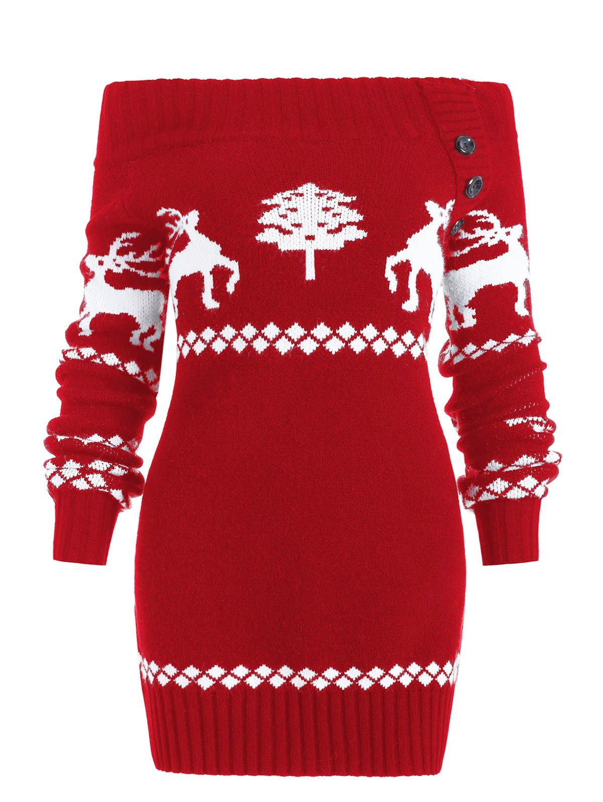 

Reindeer Off The Shoulder Knit Tunic Sweater, Red