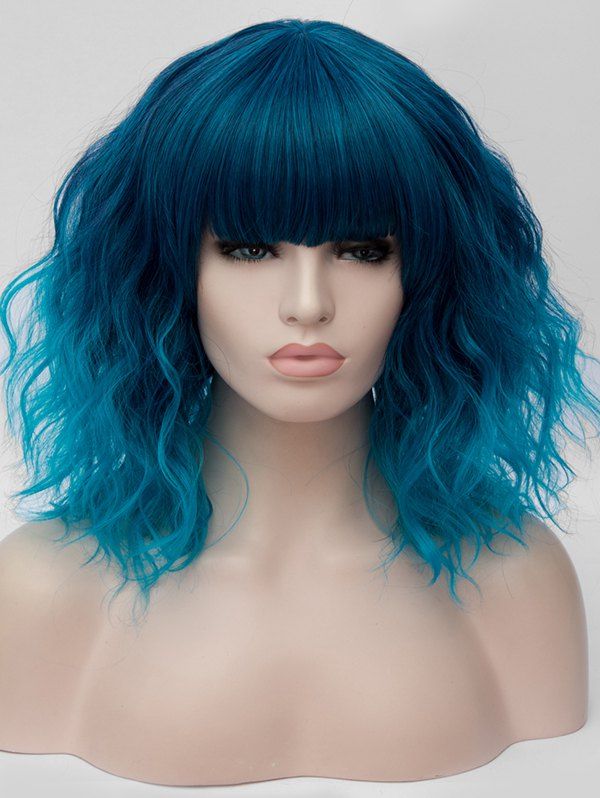 

Medium Neat Bang Ombre Natural Wavy Cosplay Synthetic Wig, Multi-b