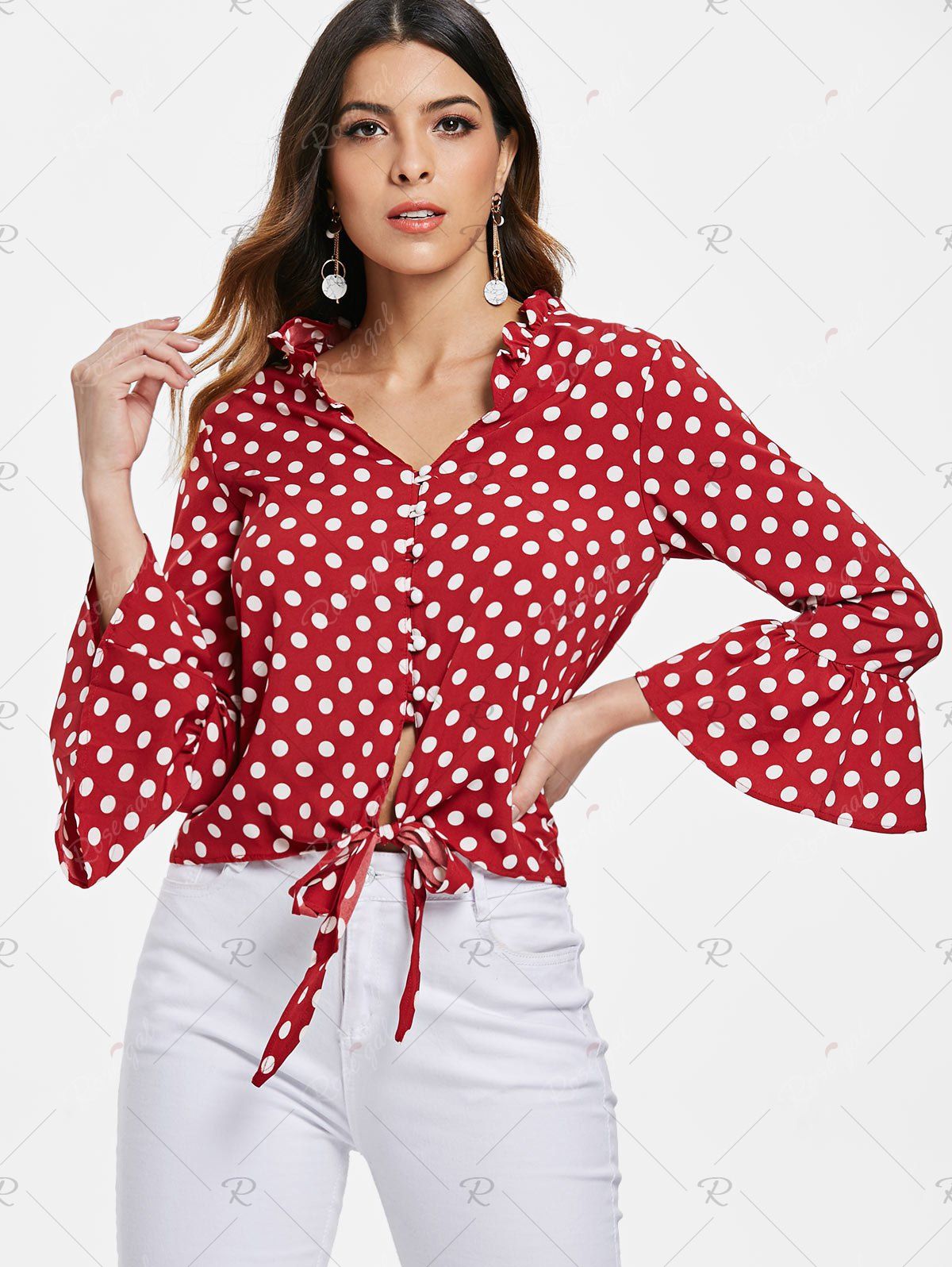 Polka Dot Button Up Blouse - Cherry Red