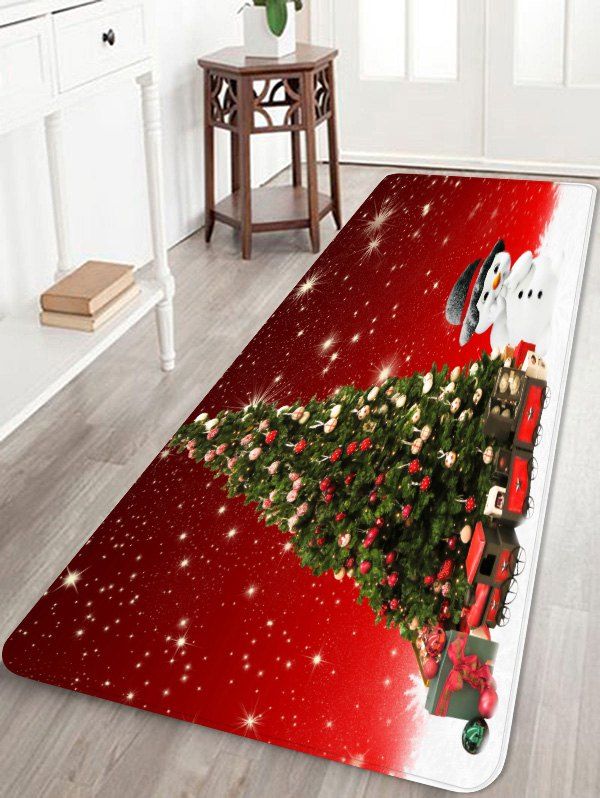 

Christmas Tree Snowman Pattern Water Absorption Area Rug, Red