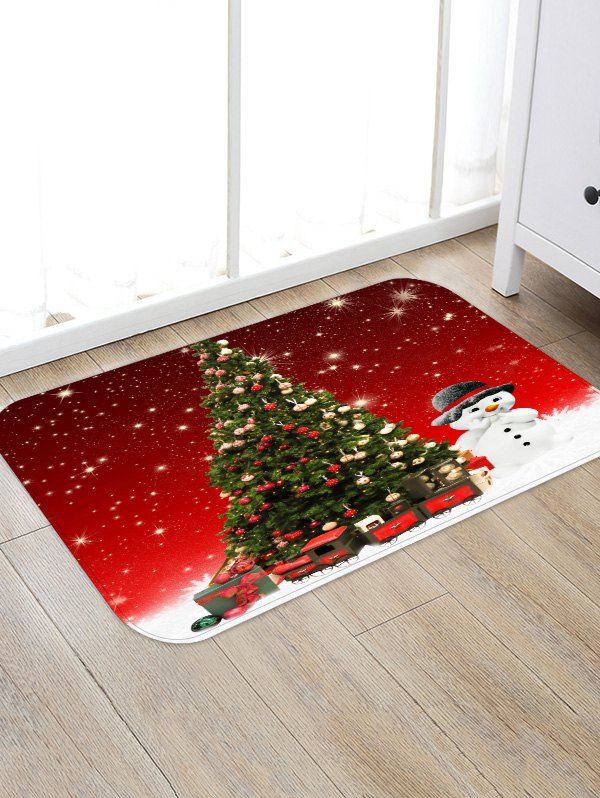 

Christmas Tree Snowman Pattern Water Absorption Area Rug, Red