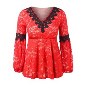 

V Neck Plus Size Lace Applique Lace Blouse, Red