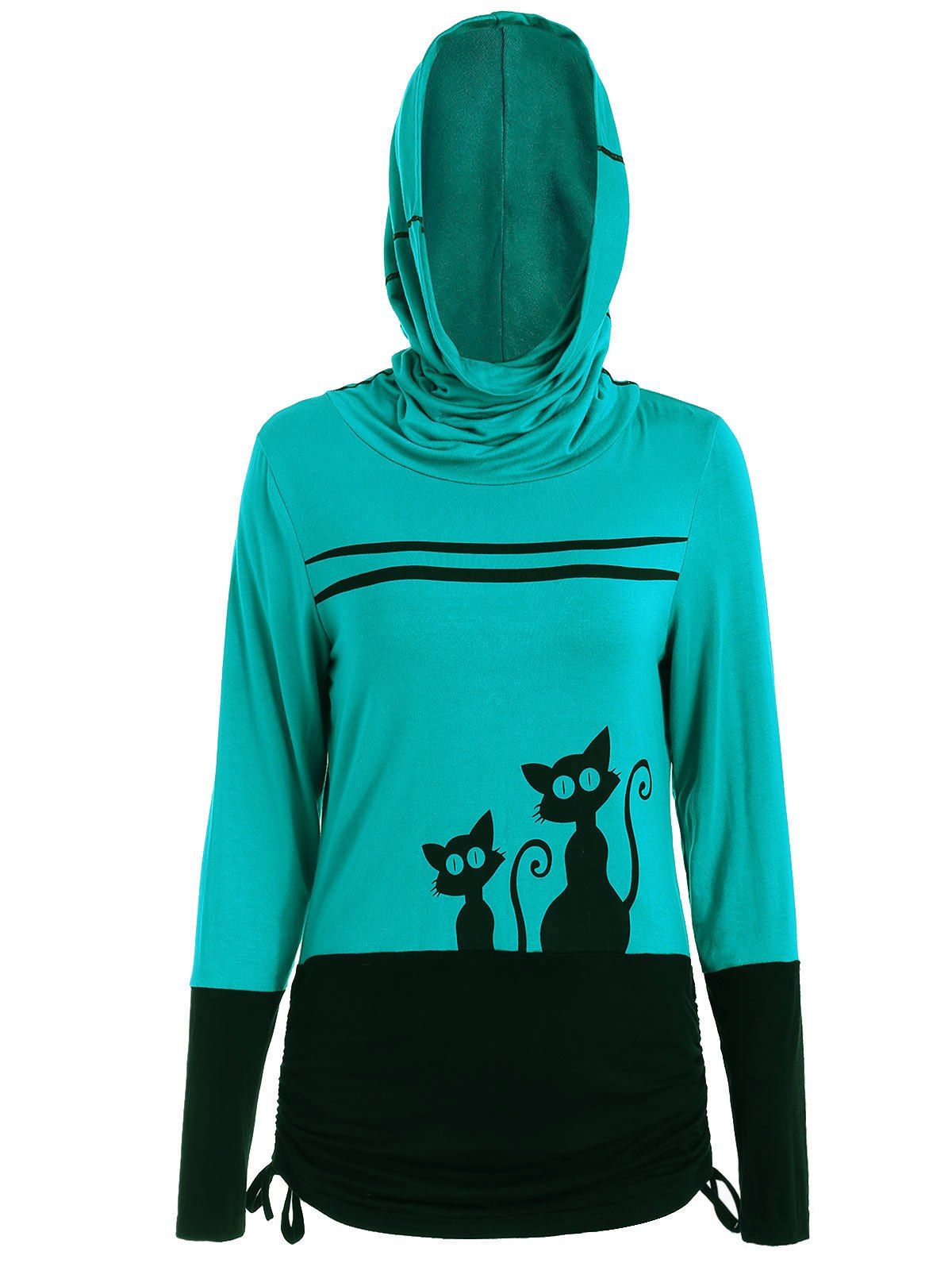 

Halloween Black Cats Print Hooded T-shirt, Sea green