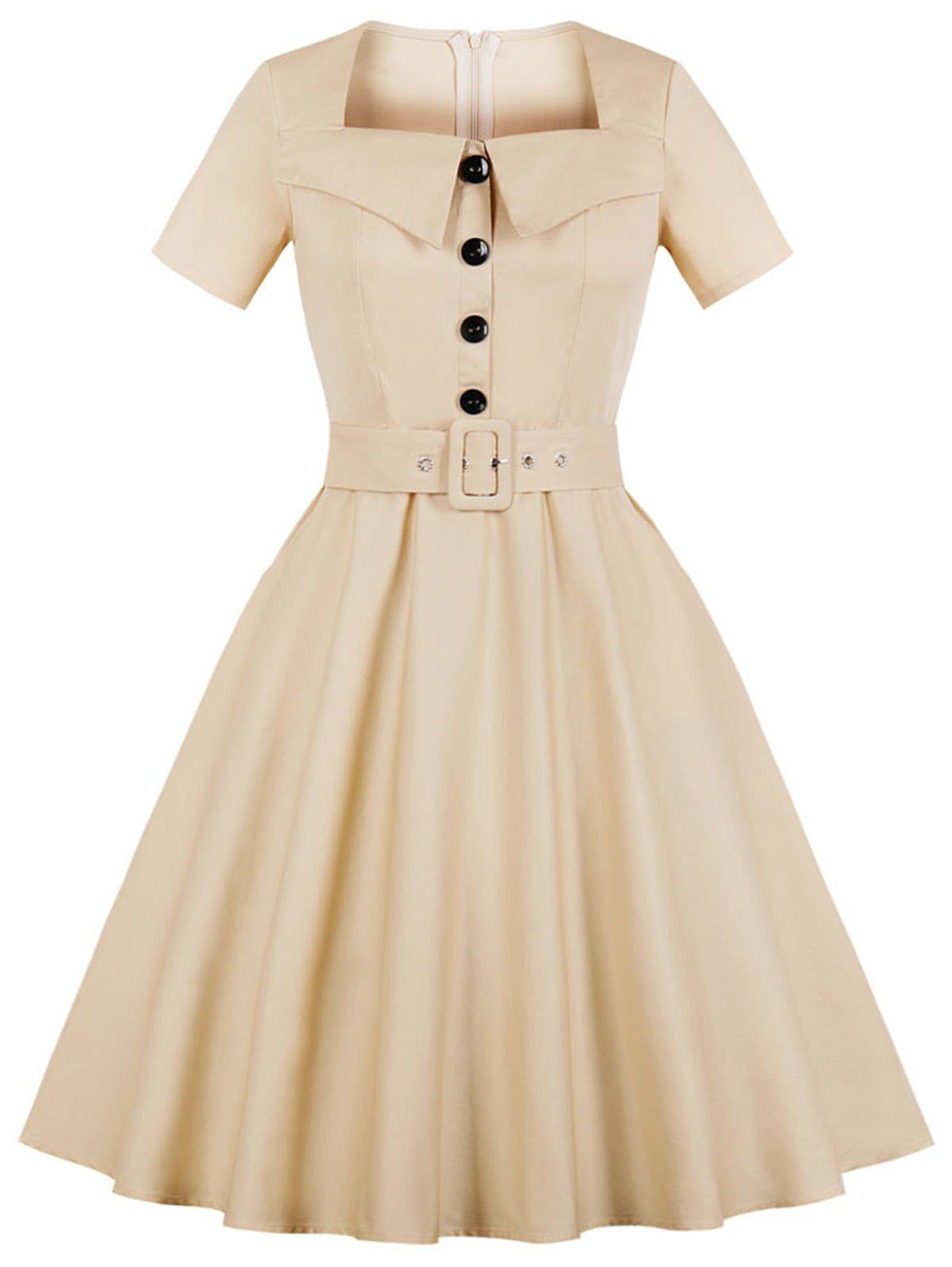 

Square Neck Plus Size Vintage A Line Dress with Belt, Blanched almond
