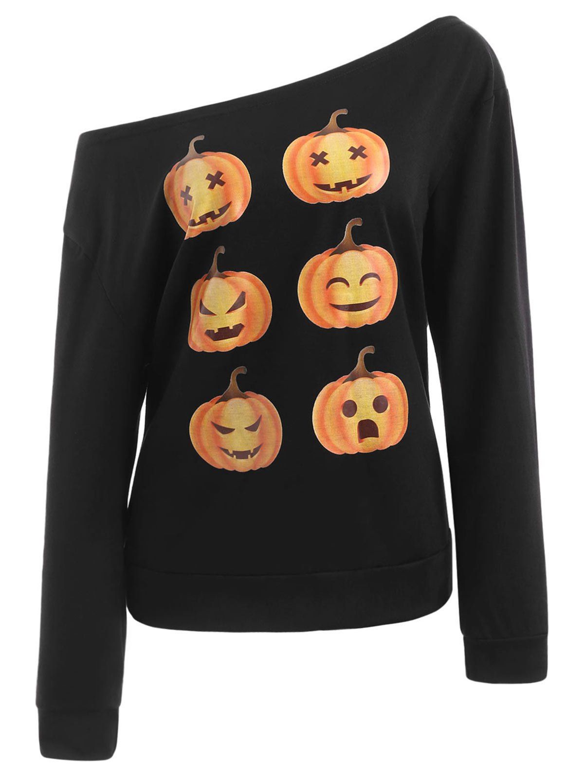 

Skew Neck Pumpkin Print Halloween Sweatshirt, Black