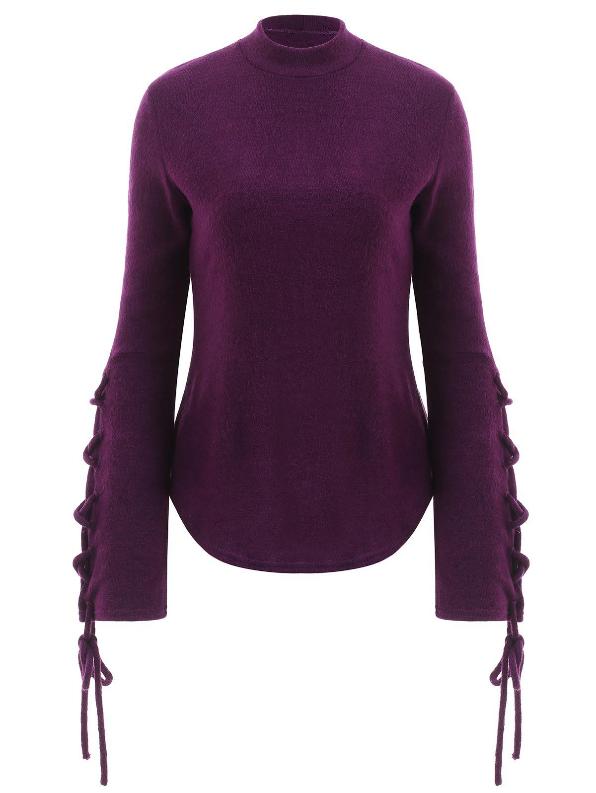 

Mock Neck Lace Up Pullover Sweater, Purple