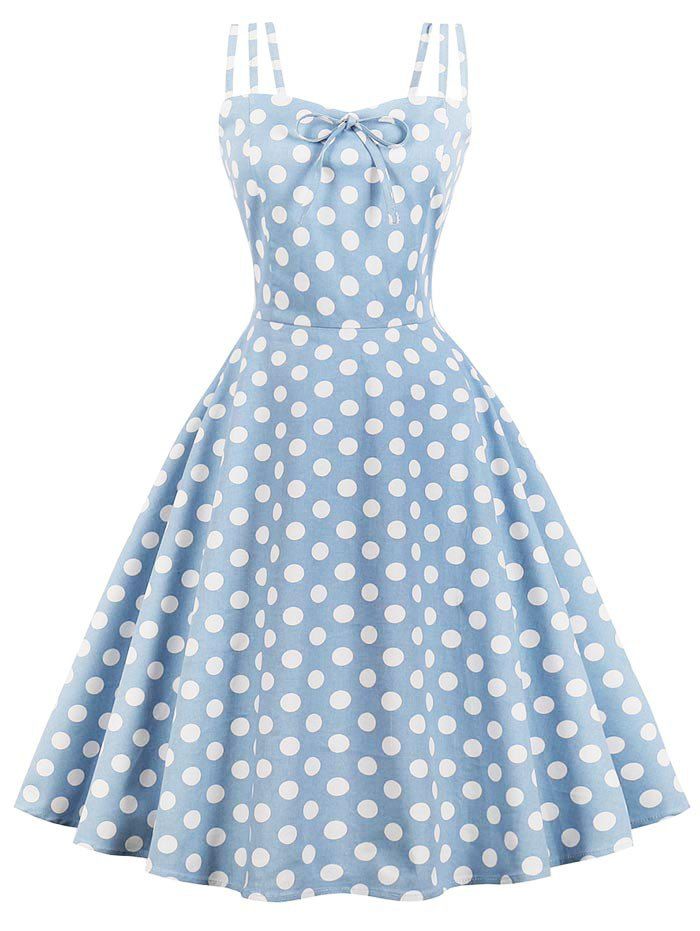 

Retro Spaghetti Strap Dotted Swing Dress, Blue gray