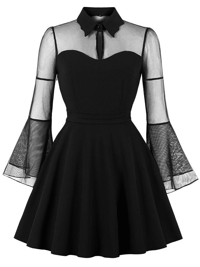 

Sheer Mesh Flare Sleeve A Line Dress, Black