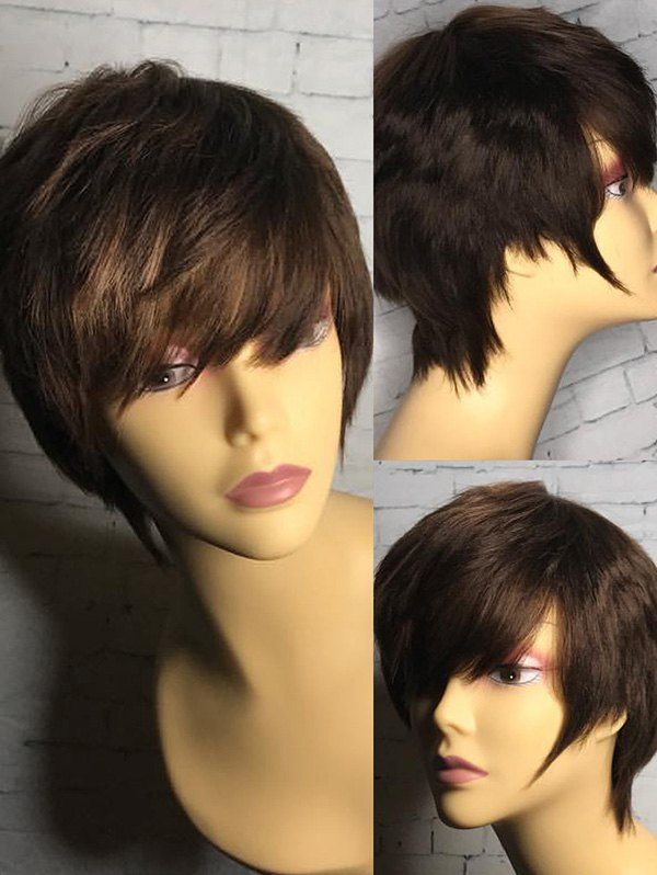 

Short Inclined Bang Straight Synthetic Wig, Deep brown