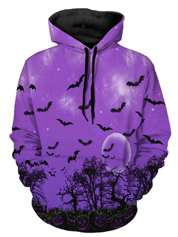 

Halloween Pumpkin and Bat Print Drawstring Hoodie, Lovely purple