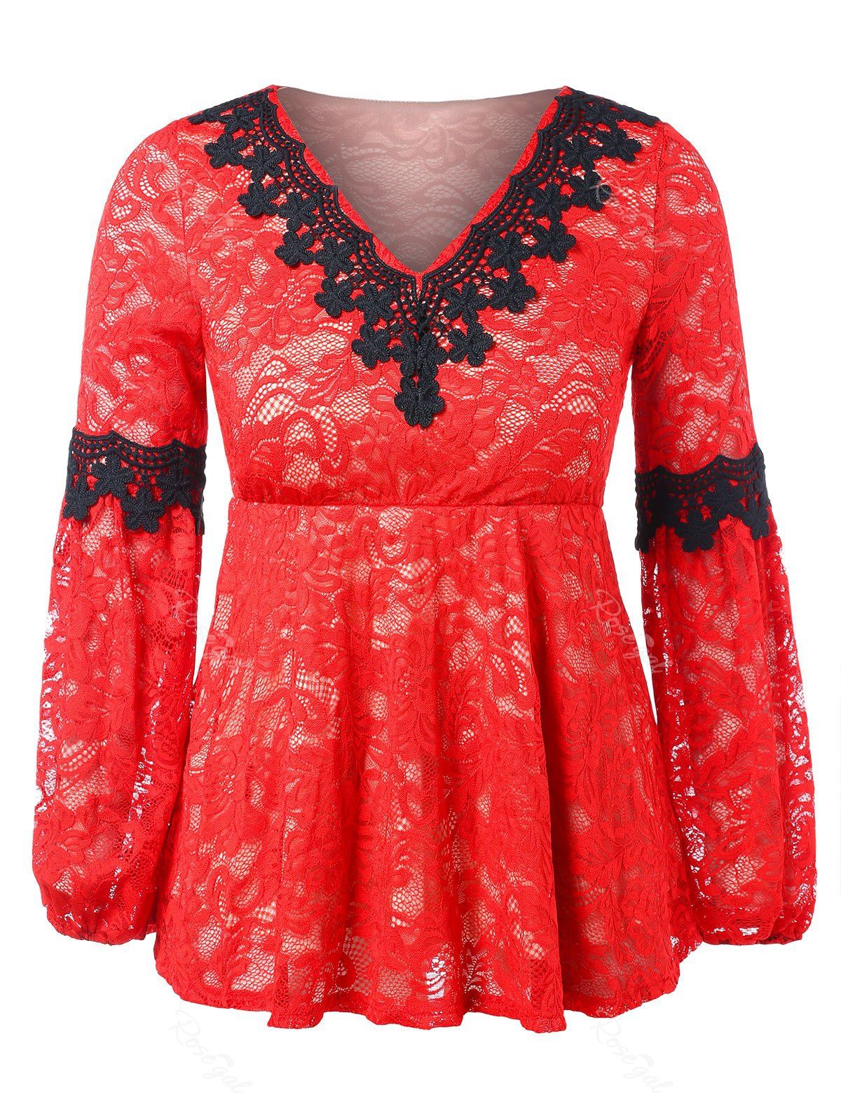 

V Neck Plus Size Lace Applique Lace Blouse, Red