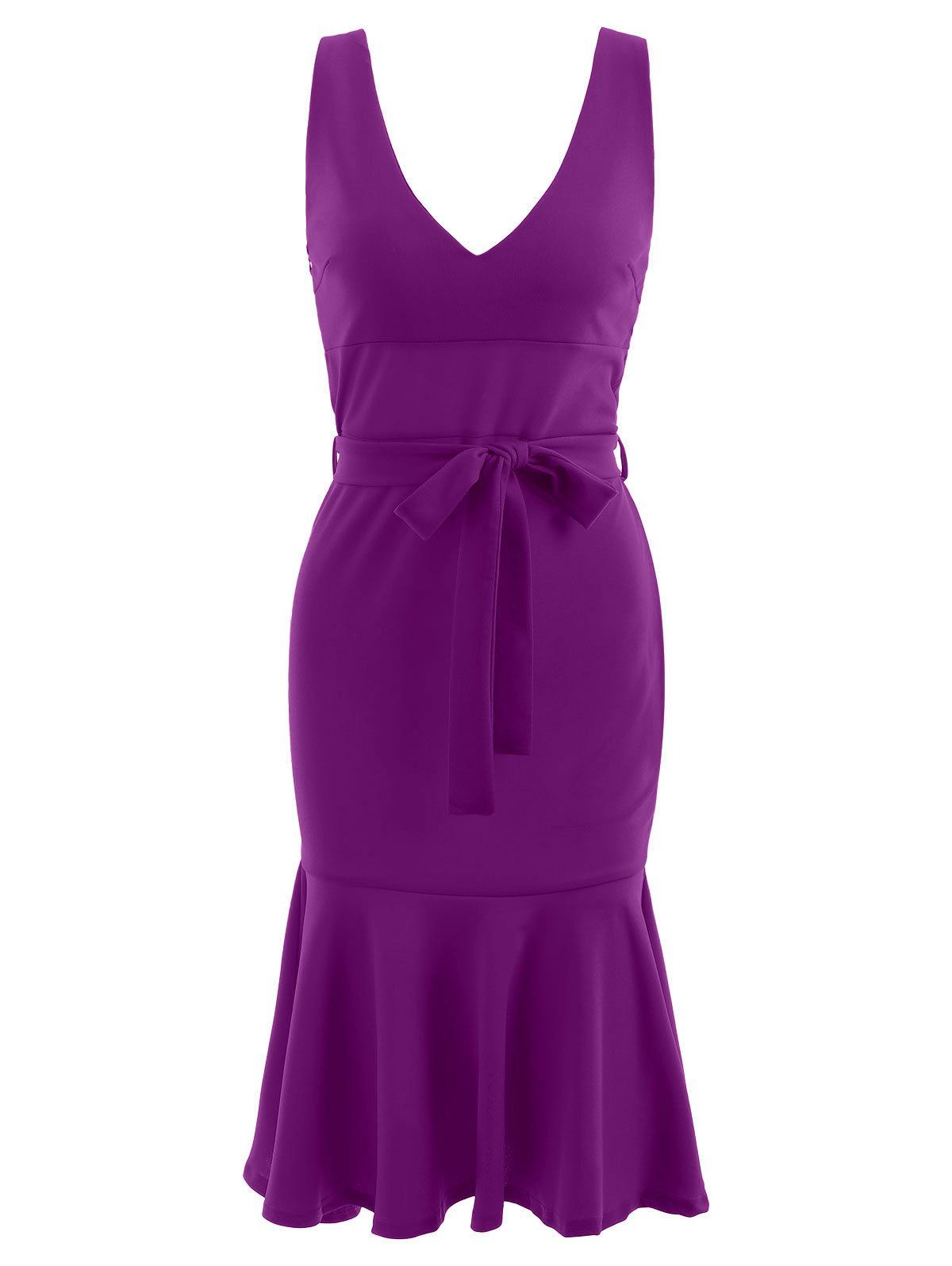 

Belted Plunge Mid Calf Mermaid Dress, Purple
