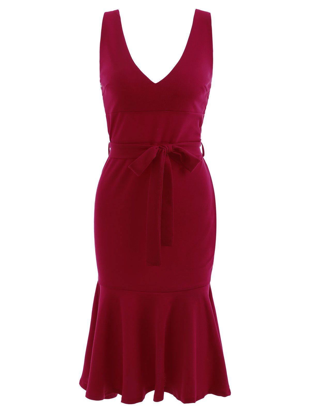 

Belted Plunge Mid Calf Mermaid Dress, Red
