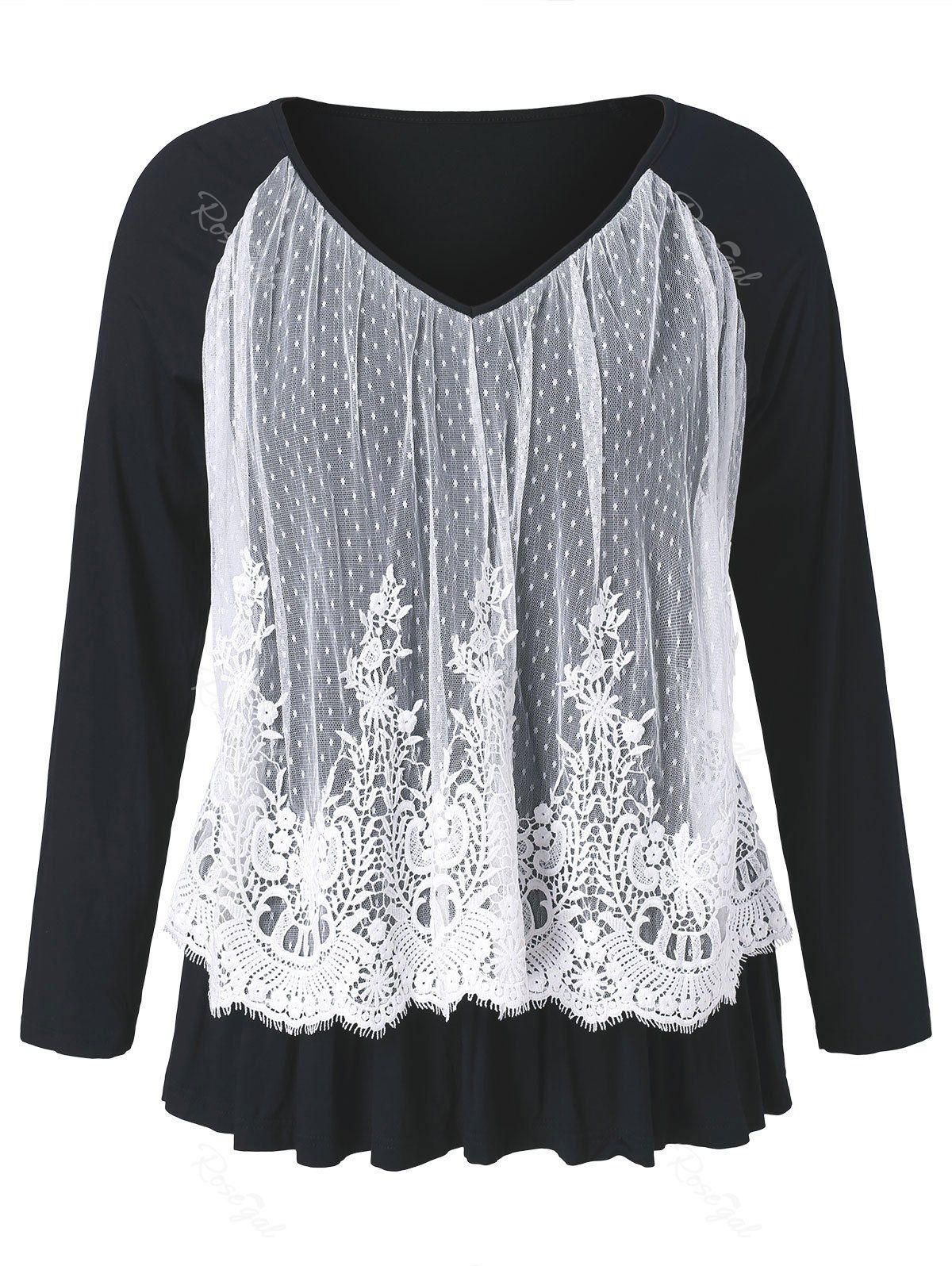

Eyelash Lace Panel Plus Size Ruffle Hem T-shirt, White