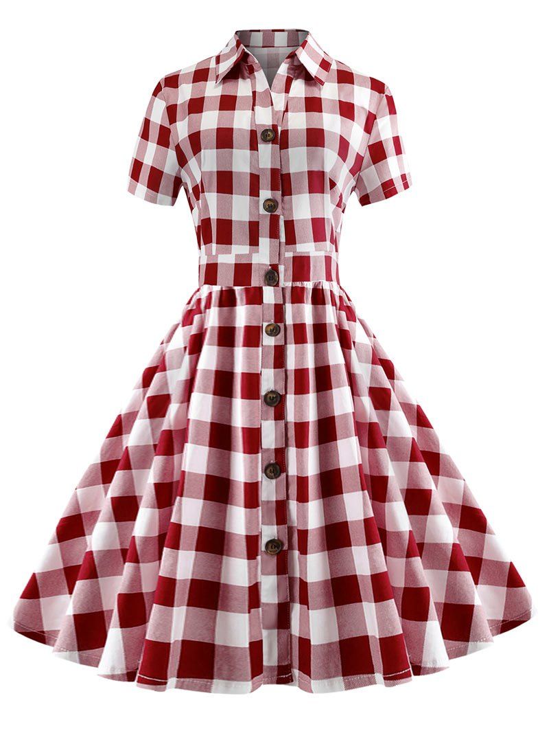 

Button Insert Plaid A Line Dress, Red