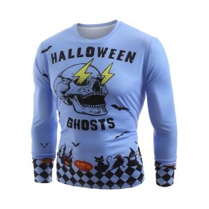 

Halloween Skull Ghosts Printed Long Sleeve T-shirt, Blue