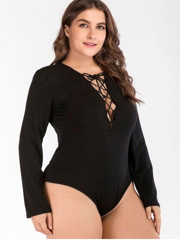 

Lace Up Plus Size Long Sleeve Bodysuit, Black