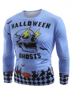 Camiseta con manga larga estampada de Halloween Skull Ghosts - BLUE - XL