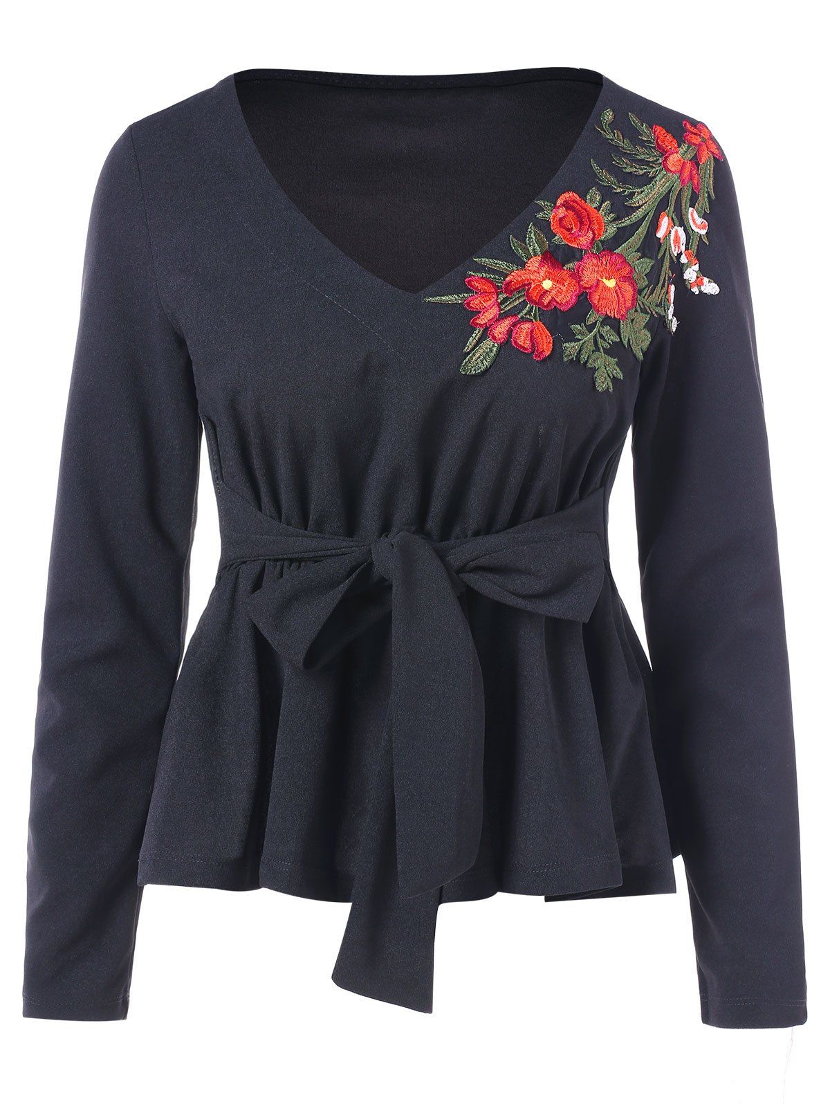Floral Embroidery Full Sleeve V Neck T-shirt, Black