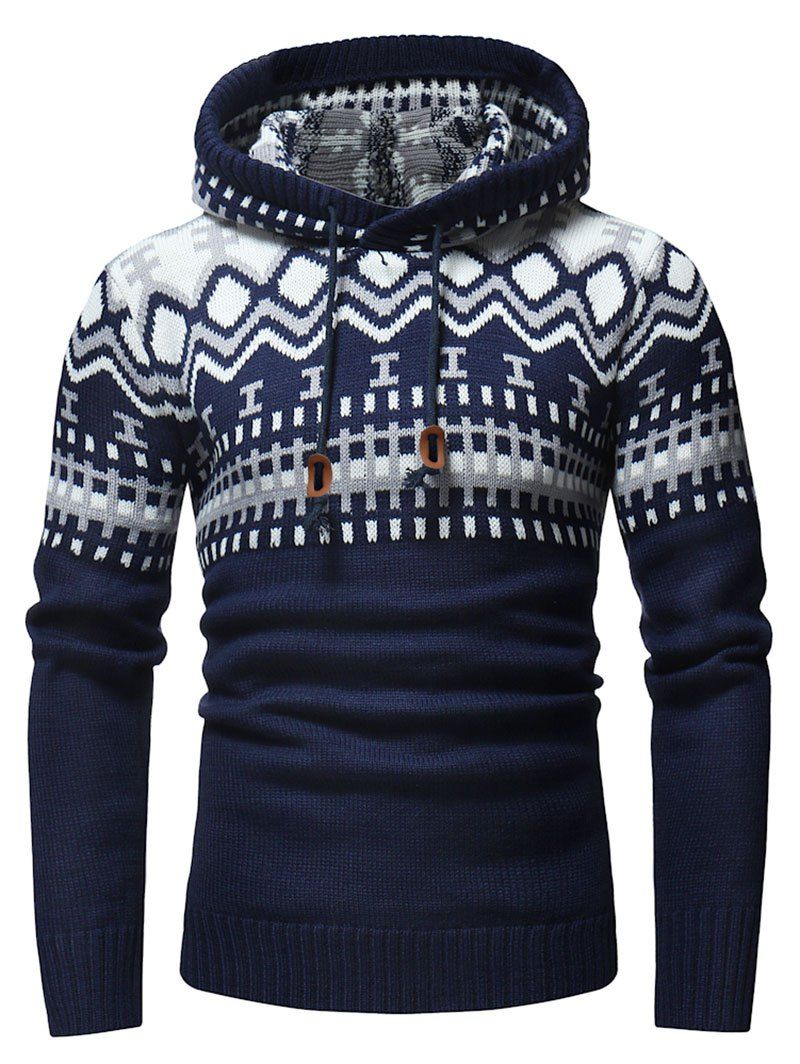 

Drawstring Geometric Spliced Hooded Sweater, Blue