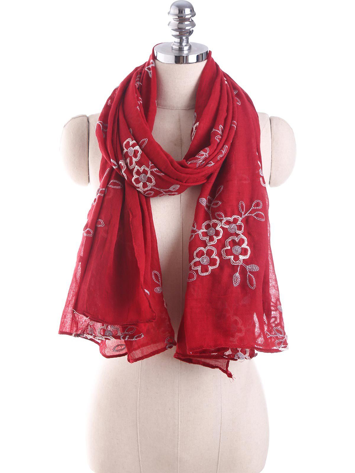 

Ethnic Flower Embroidery Design Shawl Scarf, Red