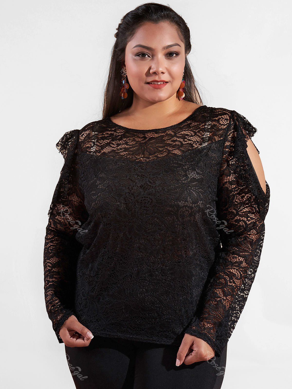 

Cut Out Shoulder Plus Size Ruffle Lace Top, Black