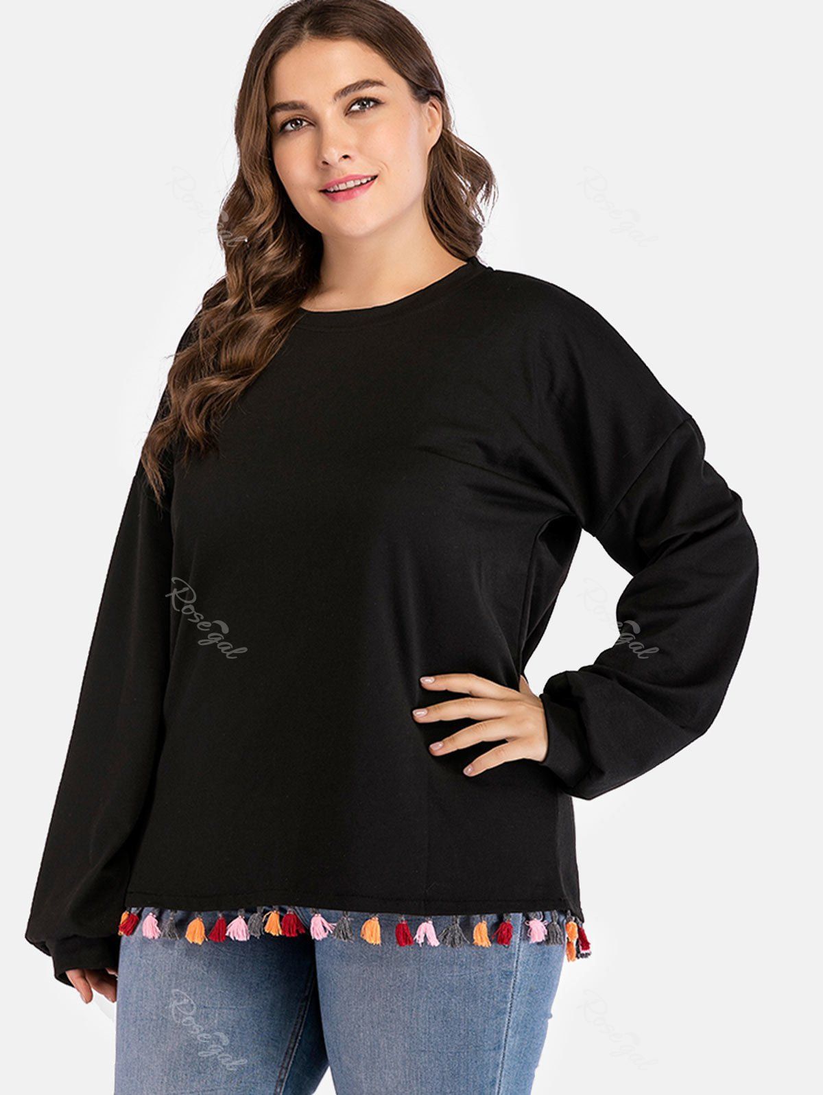 

Tassel Trim Plus Size Round Neck T-shirt, Black