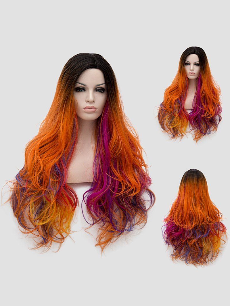 

Long Side Parting Colorful Layer Slightly Curly Rainbow Synthetic Wig, Multi