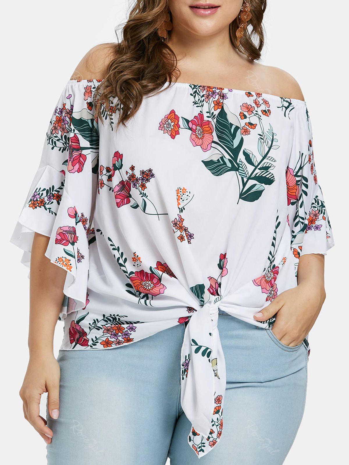 [32% OFF] Plus Size Off Shoulder Tie Waist Blouse | Rosegal