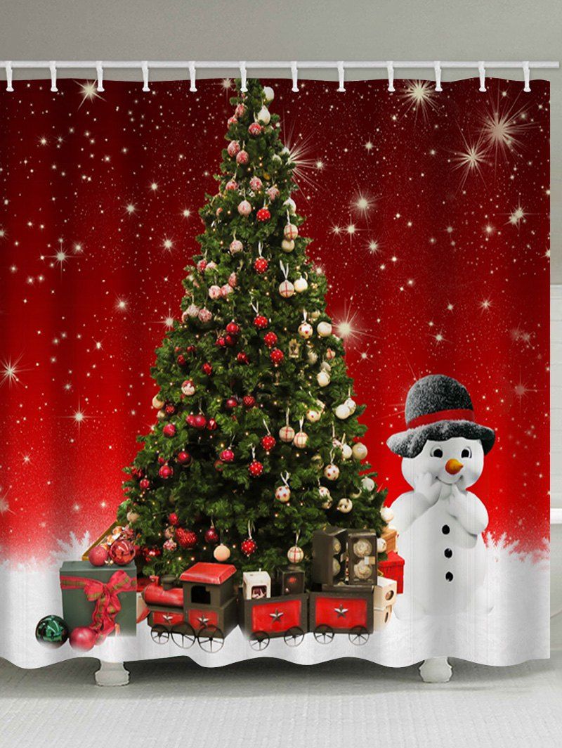 

Christmas Tree Snowman Print Waterproof Bathroom Shower Curtain, Red
