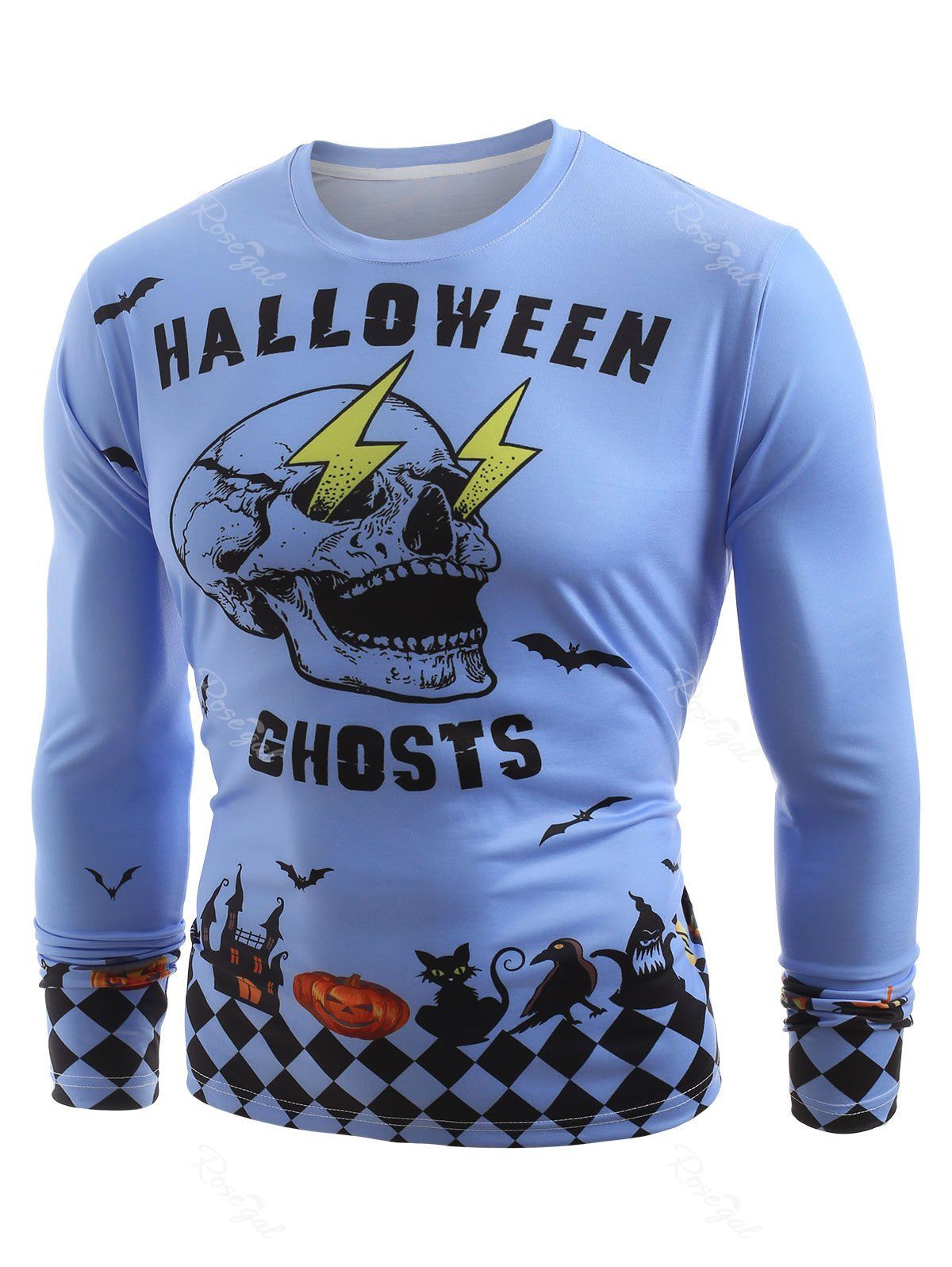 T-Shirt à Manches Longues avec Imprimé Fantômes Crâne d'Halloween Bleu M