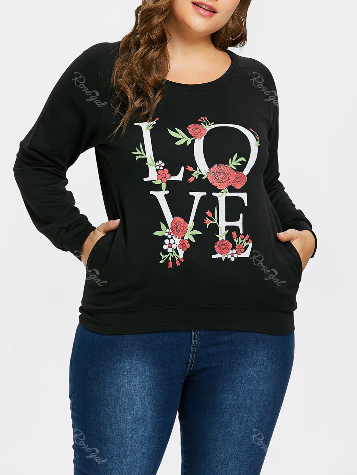 

Plus Size Love Rose Print Sweatshirt, Black