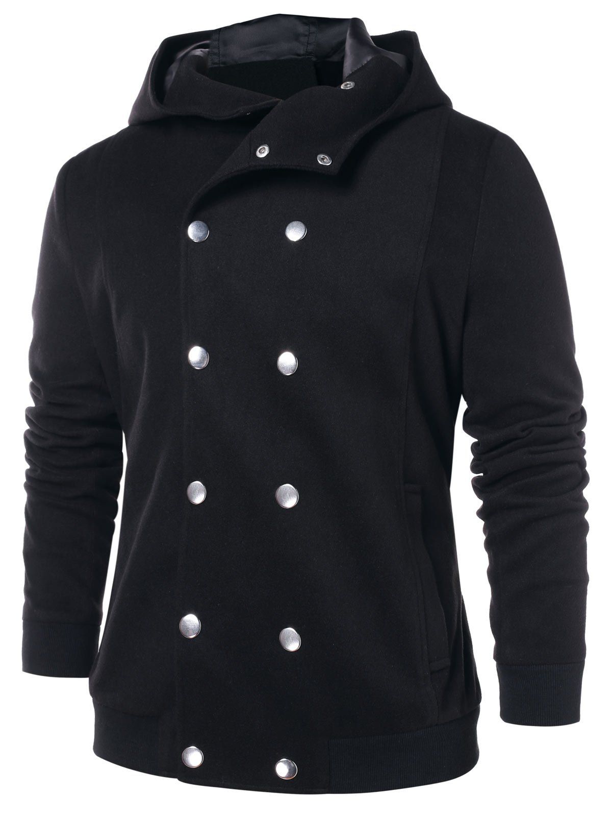 

Double Breasted Solid Color Hooded Coat, Black
