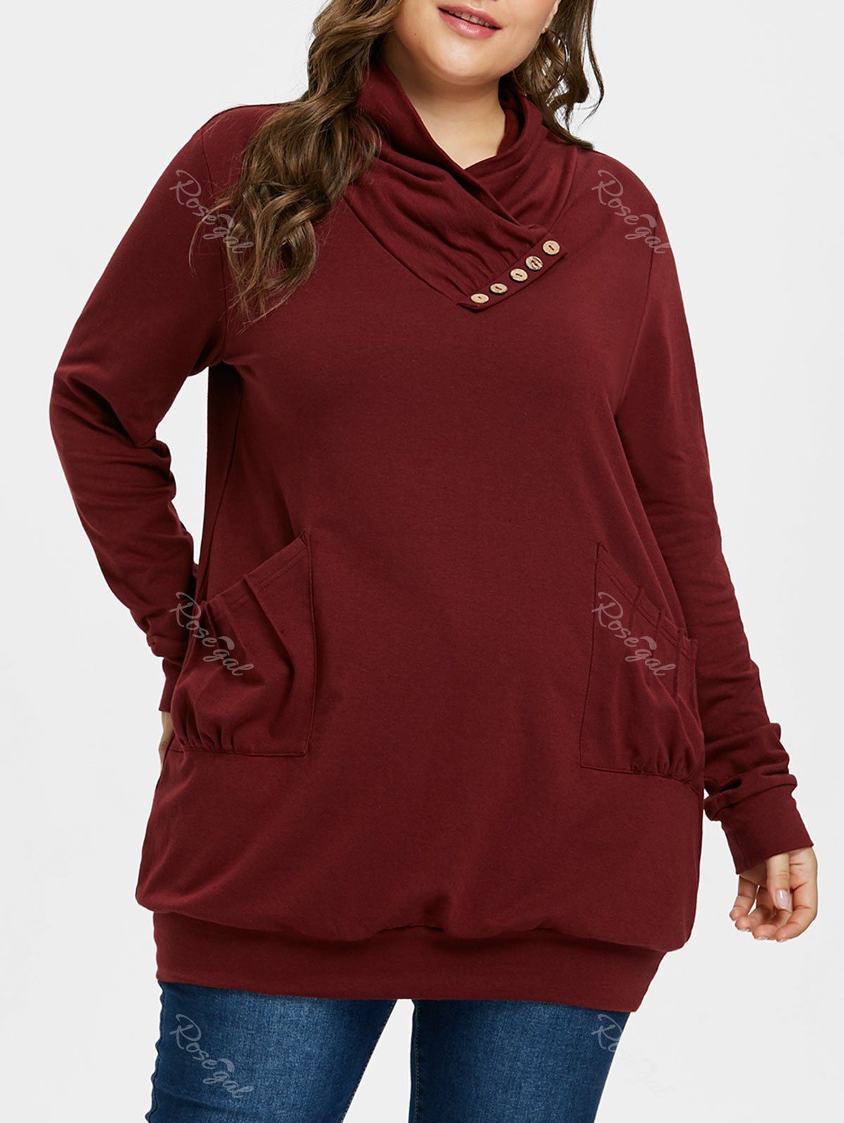 

Plus Size Shawl Collar Tunic Sweatshirt, Red wine