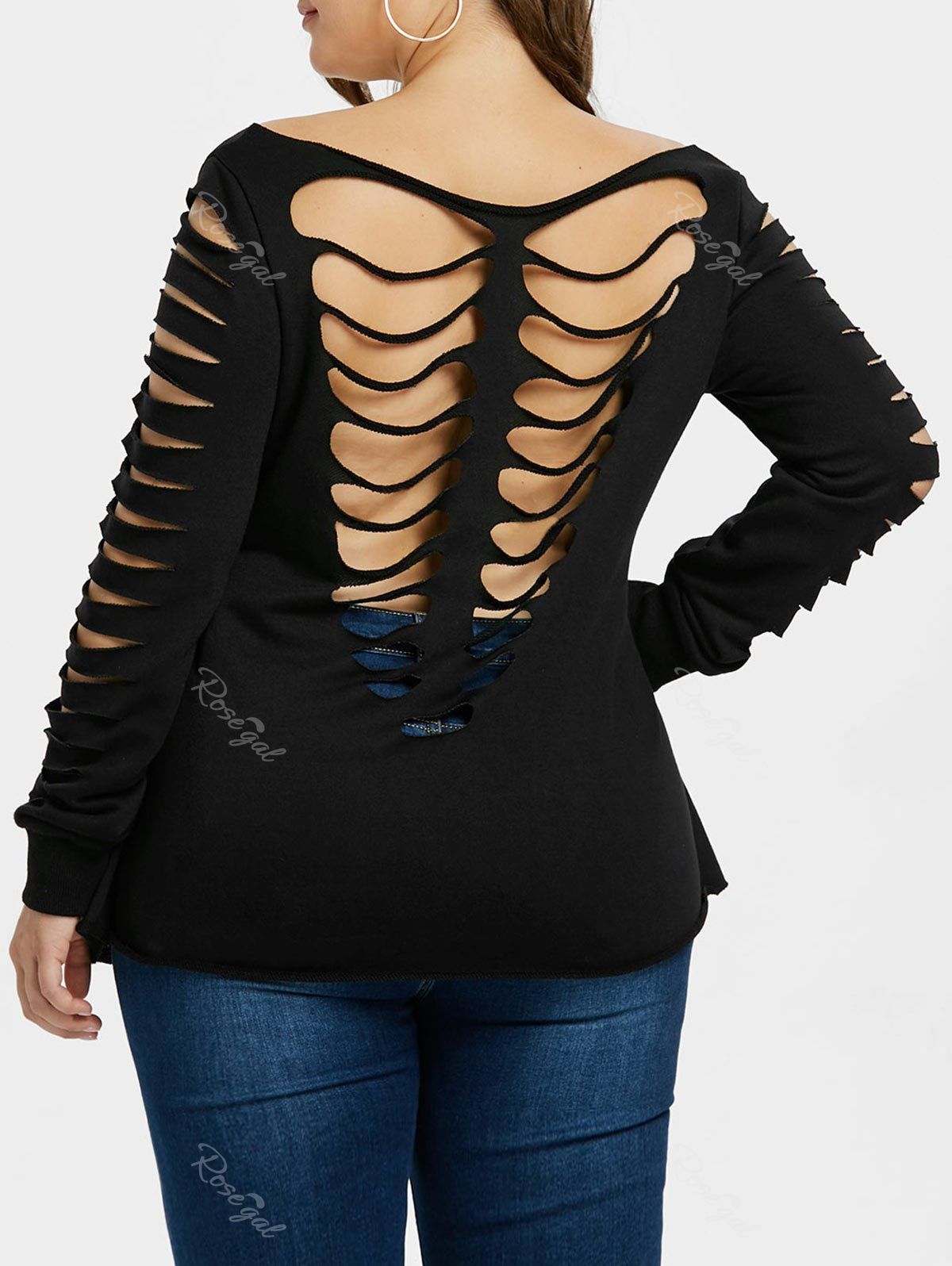 

Ladder Cut Out Sleeve Plus Size Back Ripped T-shirt, Black