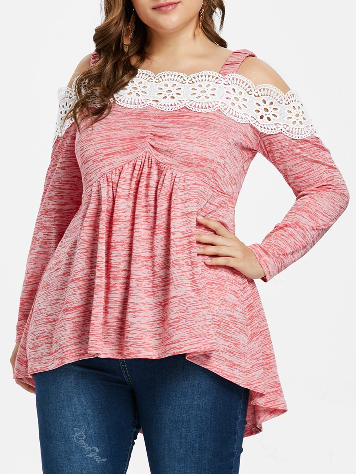 

Plus Size Scalloped Lace Trim Cold Shoulder T-shirt, Pink