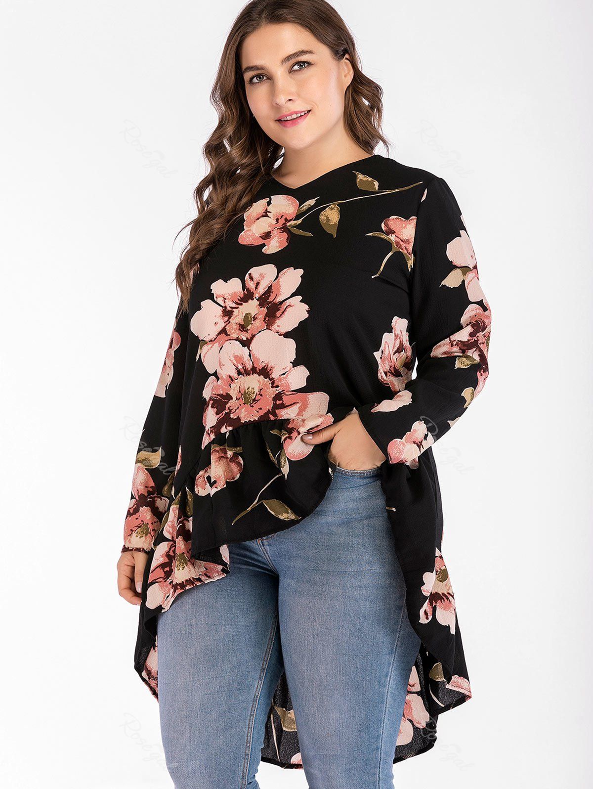 [46% OFF] Ruffle Hem Plus Size High Low Blouse | Rosegal