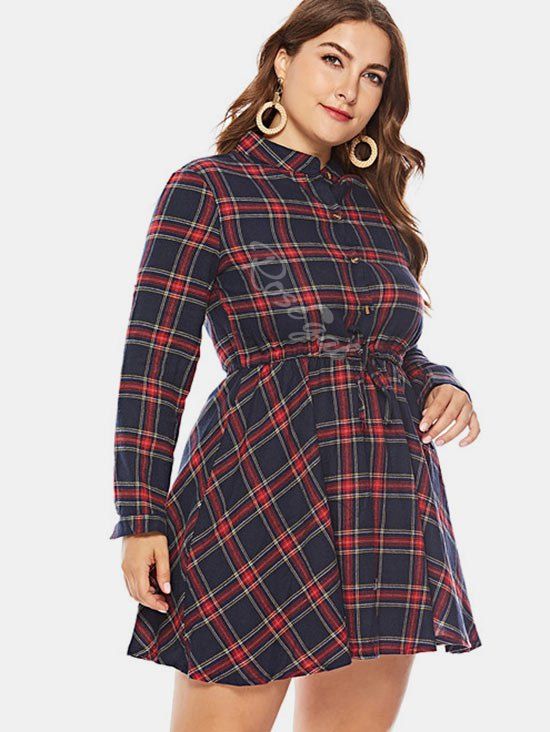 

Elastic Waist Plus Size Plaid Shirt Dress, Red wine