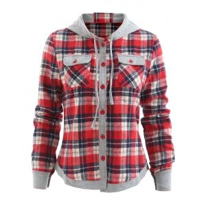 

Stylish Hooded Long Sleeve Gingham Single-Breasted Women's Blouse, Red