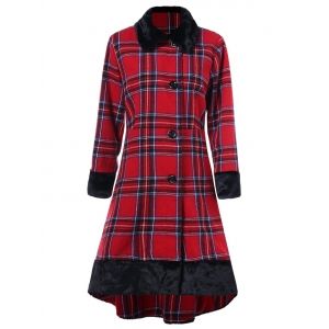 

Plus Size Button Up Plaid High Low Coat, Red