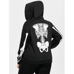 

Skeleton Pattern Plus Size Zip Halloween Hoodie, Black