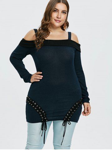 

Plus Size Cold Shoulder Lace Up Knit Top, Deep blue