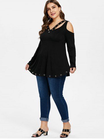 

Cold Shoulder Plus Size Grommet T-shirt, Black