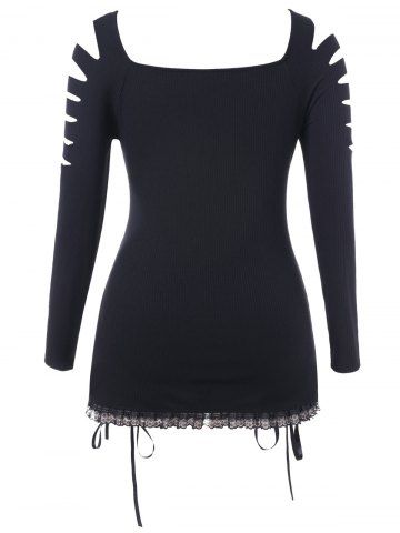 

Plus Size Ladder Cut Out Lace Up Knitwear, Black