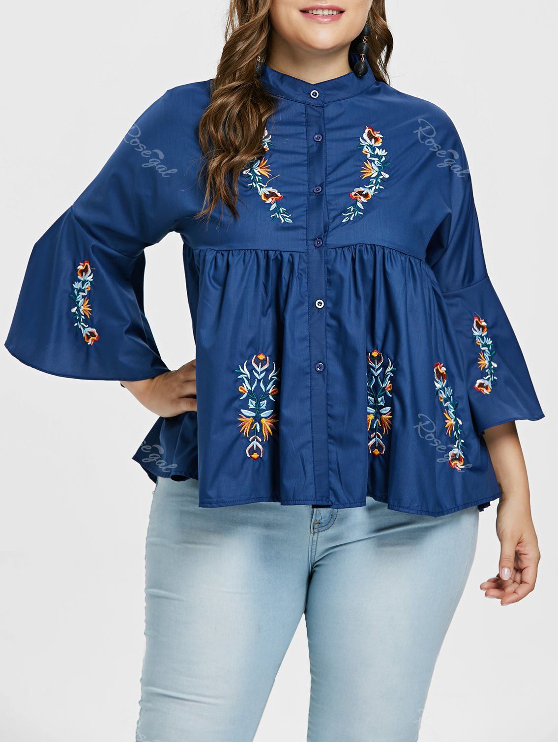 

Plus Size Flare Sleeve Embroidered Smock Blouse, Deep blue