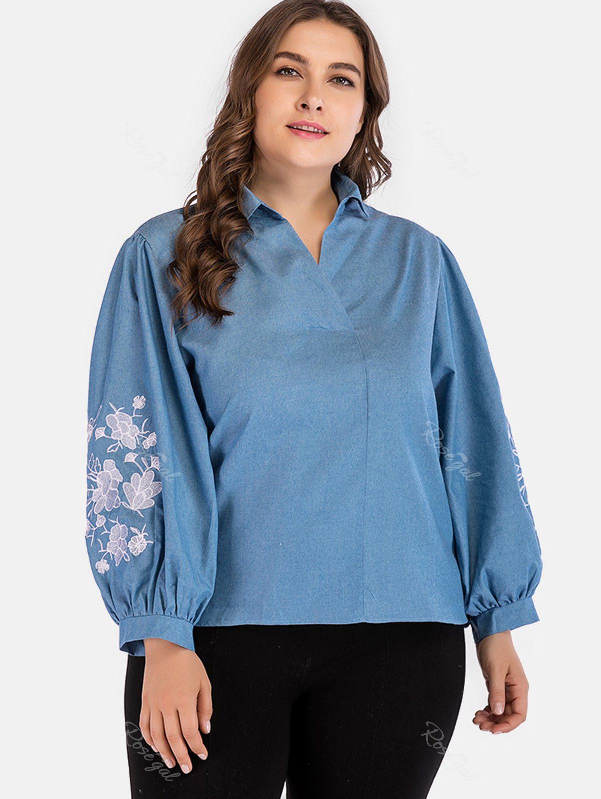 

Embroidery Sleeve Plus Size Denim Blouse, Denim blue