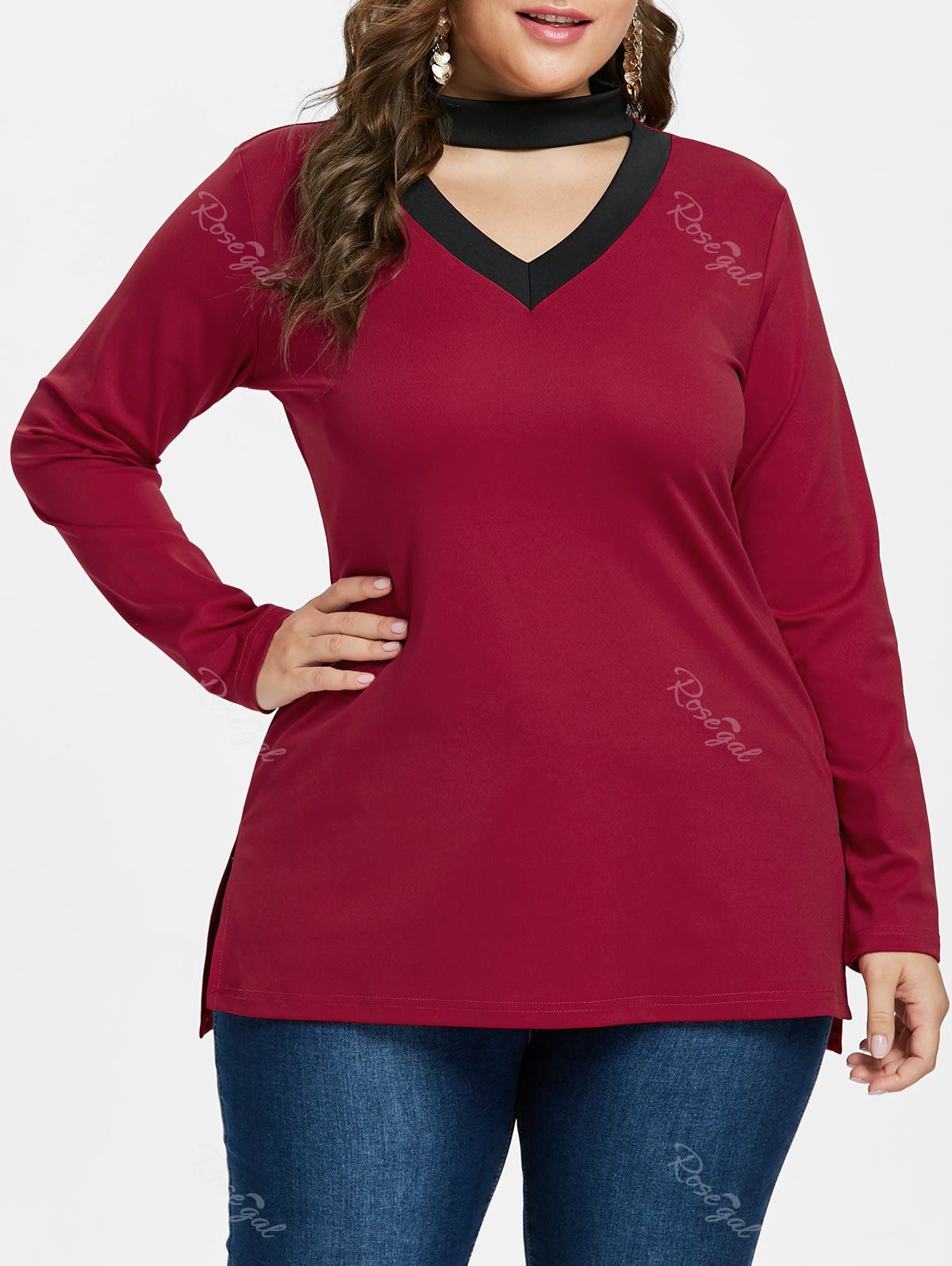 plus size red v neck t shirt