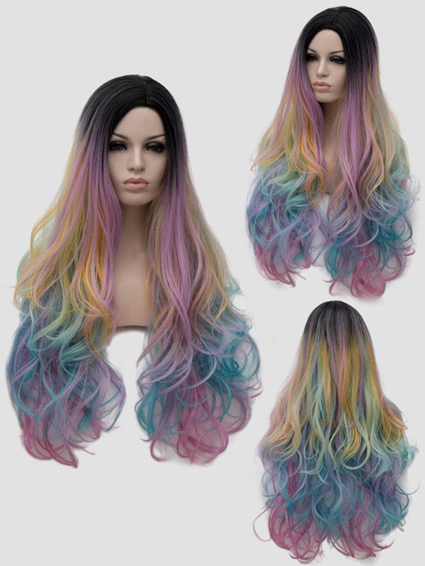 

Long Side Parting Slightly Curly Colorful Rainbow Party Synthetic Wig, Multi
