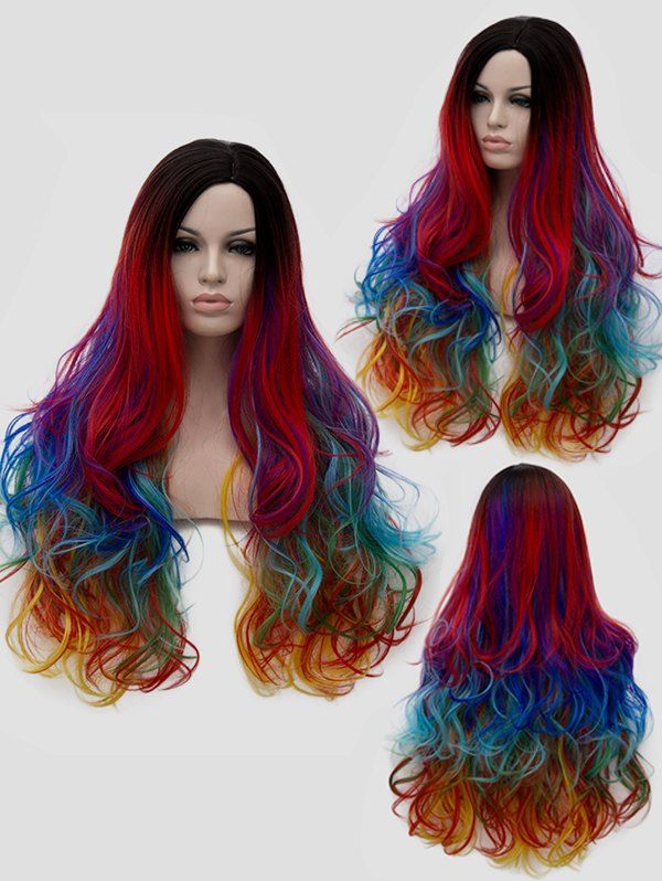 

Long Side Parting Layer Rainbow Wavy Cosplay Synthetic Wig, Multi